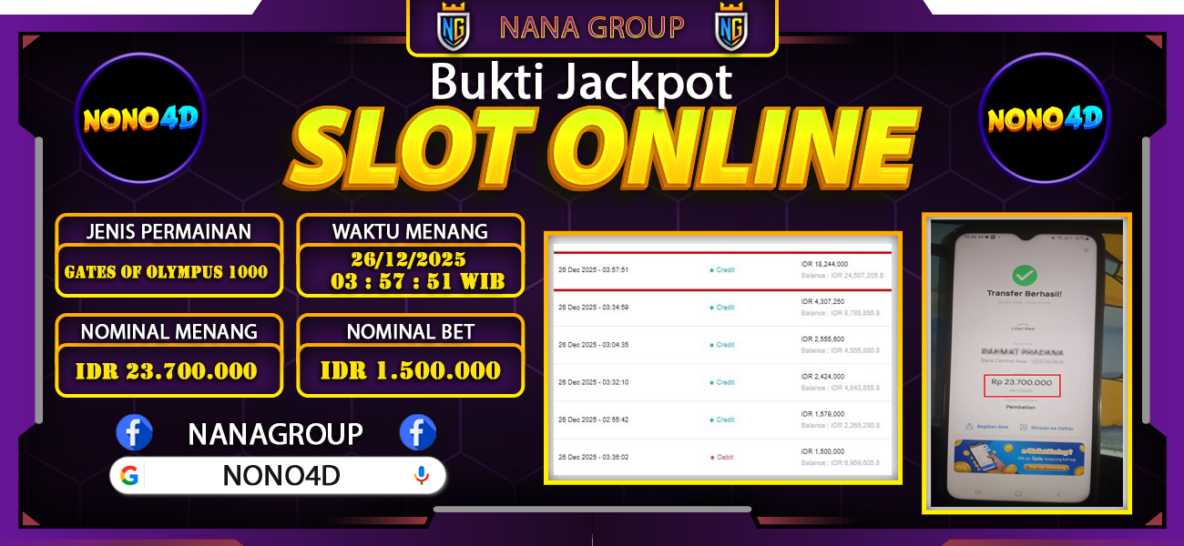 Bukti Kemenangan Besar Dibayar lunas Member NONO4D RP 23.700.000, 26 Desember 2025
